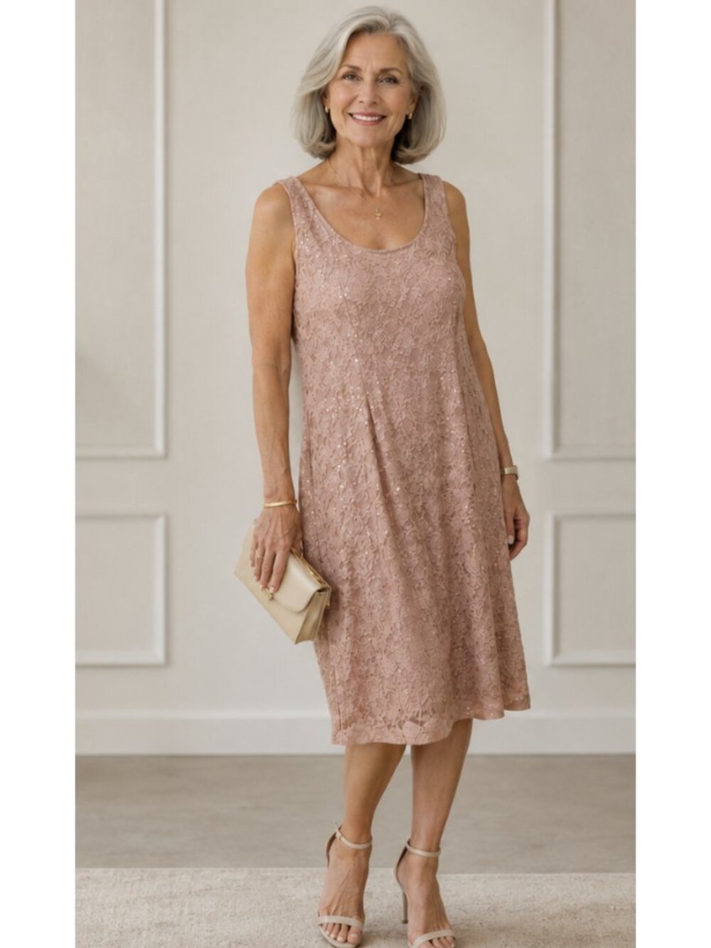 ALEX EVENINGS Blush Nude Sequin Shift Dress Wedding Evening Cocktail